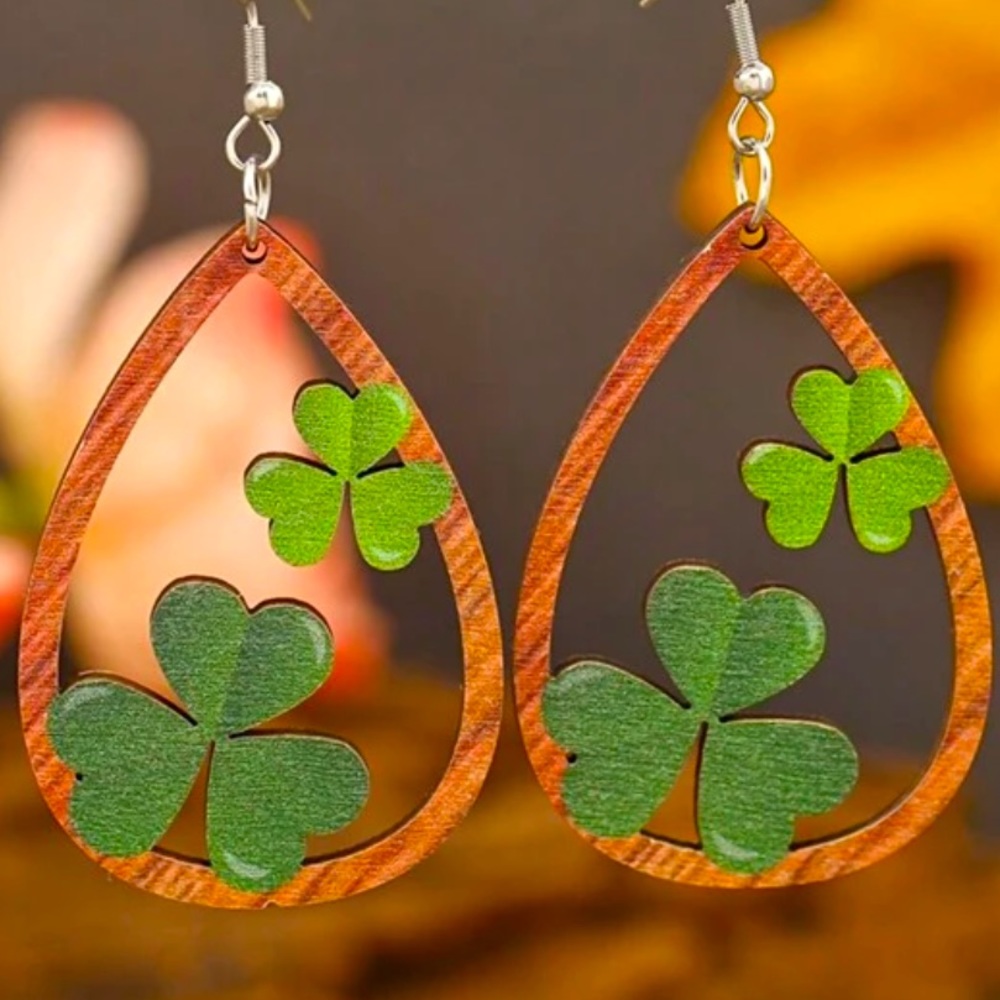 Wooden Clover Earrings